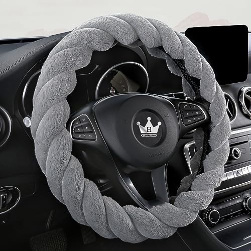 HighnessHwoo Luxury Fluffy Winter Car Steering Wheel Cover for Women Soft Warm Cute Auto Accessories for Jeep, Truck, Van, F150, Universal, Fuzzy, Anti Slip, Gray, Large Size, 15.2-16in - color: Gray, size: Large Size [15.2-16"] (38.6-40.5cm)