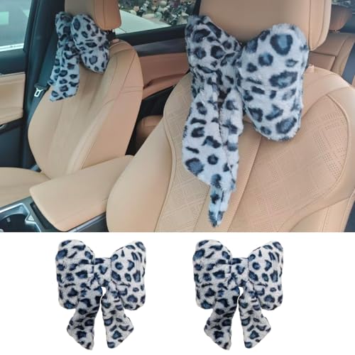 2PCS Cute Bow Car Headrest Pillow, Soft Breathable Leopard Plush Car Neck Support Pillow, Comfortable Warm Ergonomic Auto Interior Head Rest Cushion for Women, Girl (Blue) - color: Blue