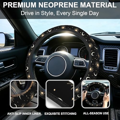 Sun Moon Steering Wheel Cover for Women Girly,Stars and Clouds 15 Inch Non-Slip Breathable Neoprene Steering Wheel Cover Fit Auto,SUVs,Includes 2 PCS Cup Coasters - color: Sun Moon