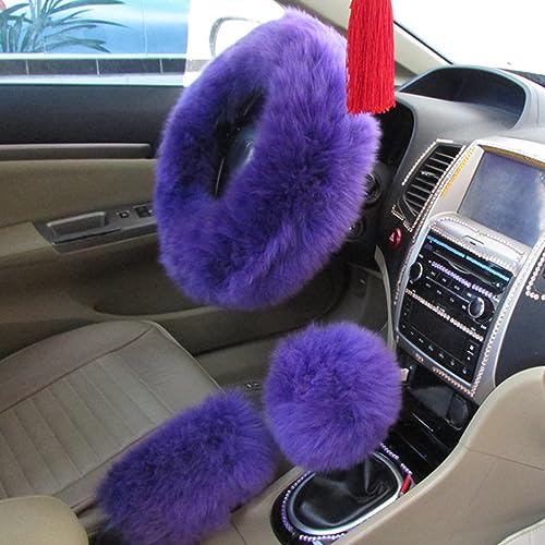 3PCS Wool Steering Wheel Cover with Fuzzy Handbrake Cover & Gear Shift Cover, Universal 15 Inch Steering Wheel Fluffy Soft Protector, Comforting Warm Car Decoration for Women Men (Purple) - style: Purple