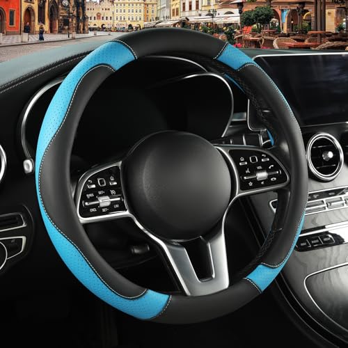 Leather Auto Car Steering Wheel Cover Anti-Slip Heavy Duty, Elegant, Non-tonix, Universal 15 Inch, Black&Blue - color: Black Blue, size: Round-Middle[14.5''-15'']
