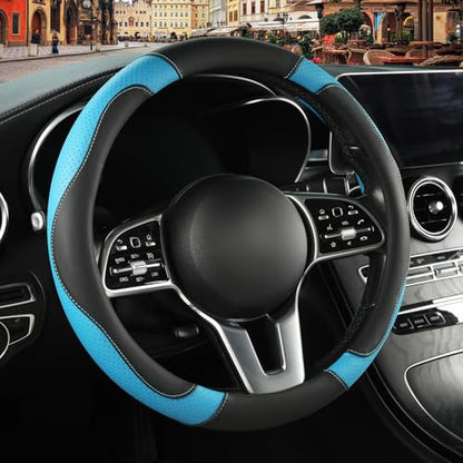 Leather Auto Car Steering Wheel Cover Anti-Slip Heavy Duty, Elegant, Non-tonix, Universal 15 Inch, Black&Blue - color: Black Blue, size: Round-Middle[14.5''-15'']