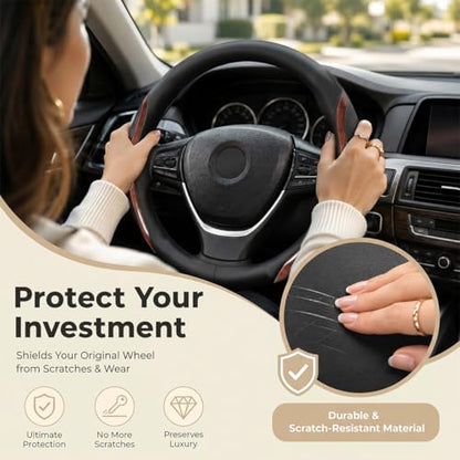 Steering Wheel Cover Black Wood Grain, Leather Car Steering Wheel Covers with Coasters Universal 14.5-15 inch Microfiber Breathable Anti-Slip Steering Wheel Accessories Set - color: WoodGrain, size: Medium