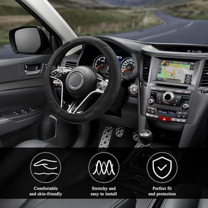 Elastic Stretch Steering Wheel Cover, Warm in Winter and Cool in Summer, Universal 15 inch Microfiber Breathable Ice Silk Anti Slip Car Interior Accessories, Odorless, (Black) - color: Black