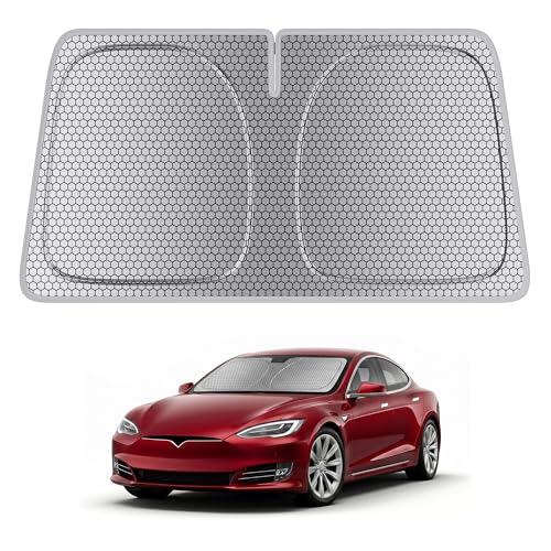 helloleiboo Windshield Sun Shade for Tesla Model S & Model X 2016-2026 Graphene Honeycomb Heat Shield with UV Protection Foldable Custom Fit Front Window Sunshade Silver 58" x 41" - size: For Tesla Model S & Model X (2016-2026)