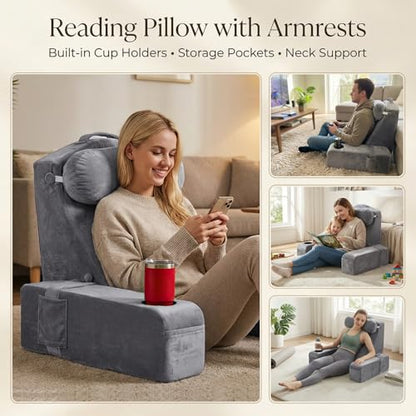 19 INCH Reading Pillow for Adults, Back Pillow for Bed Sitting Up, Backrest Pillow for Sitting in Bed, Detachable Arms with Built-in Cup & Phone Caddy (Gray, 19 INCH)