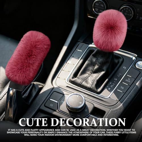2PCS Plush Car Gear Shift Knob Cover & Handbrake Cover, Shift Knob Protector, Soft Fluffy Gear Handbrake Protective Sleeves, Shifter Lever Brake Handle Warm Plush Set for Cars (Wine Red) - color: Wine Red