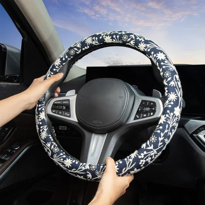 Brown Japanese Style Flower Steering Wheel Cover Auto Embroidery Steering Wheel Protector, Anti-Slip, Breathable, Absorbing Sweat, Universal Car Accessories 14.5–15 inch,Fit for Most Car, Trucks, SUV - style: Black Japanese Style Flower JQ