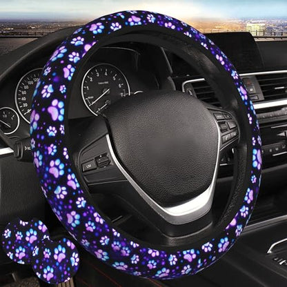 Paw Print Steering Wheel Cover - Purple Dog Paw Steering Wheel Protector Neoprene 15Inch Car Accessories 2 Pcs Car Coasters for Women Men - color: Purple Dog Paw