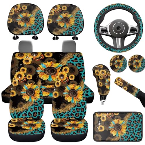 Leopard Sunflower Print Car Seat Cover Full Set 12pcs Auto Interior Decorations Armrest Cover Pad Universal Steering Wheel Cover Headrest Covers Car Armrest Cover Universal Fit - color: Leopard Sunflower