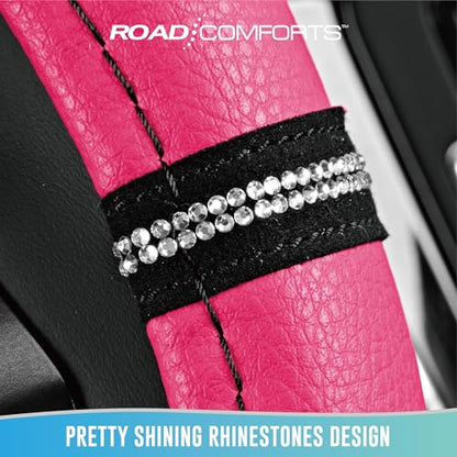 Road Comforts Leopard Steering Wheel Cover for Women, Cute Anti-Slip Microfiber Leather, Universal Fit 14.5-15 Inch Round Steering Wheel - HotPink - color: Round HotPink