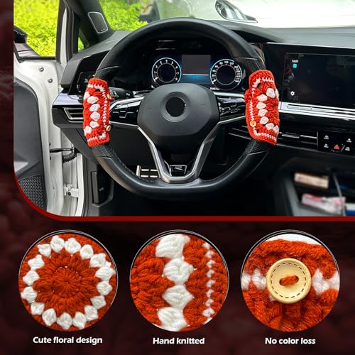 Crochet Steering Wheel Cover, Handmade Red Flower Crochet Fabric Soft Knitted Car Interior Accessories for Women, Cute Steering Wheel Decoration (Red)