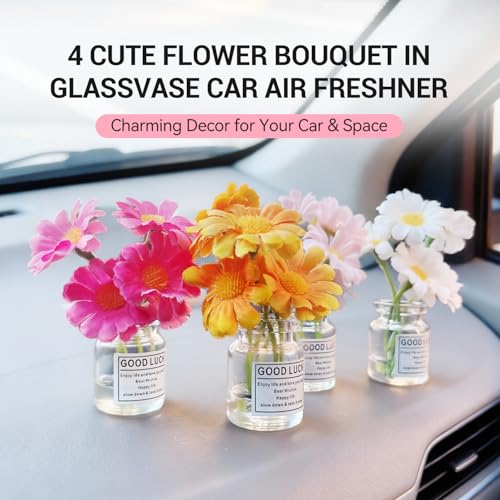 Daisy Car Dashboard Decorations - 4 Pack Mini Floral Accessories for Women - Secure Adhesive & Residue-Free Removable Vases for New Car Gift