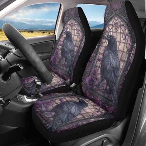 Raven Crow Flower Stained Glass Print Car Seat Covers, 2 Pieces Washable Vehicles Front Seat Protectors, Scratch-Resistant Bucket Seat Cover Fits Most Vehicles, Sedans, Trucks, SUVs, Vans - color: Raven Crow Flower Stained Glass
