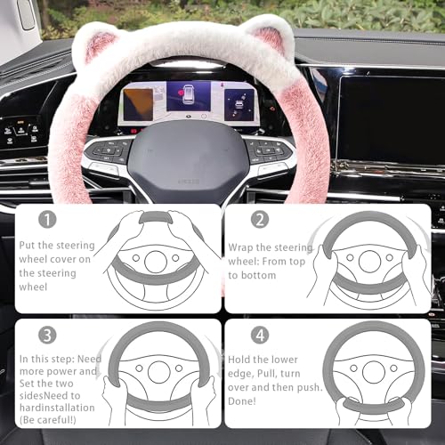 Car Steering Wheel Cover, Cute Steering Wheel Protector with Kitty Cat Ears,Fluffy Soft Plush for Winter Warm, Universal Fit 15 inches for Car,SUV, Elastic & Anti-Slip (Pink/White) - color: Pink/White