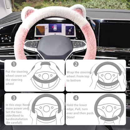 Car Steering Wheel Cover, Cute Steering Wheel Protector with Kitty Cat Ears,Fluffy Soft Plush for Winter Warm, Universal Fit 15 inches for Car,SUV, Elastic & Anti-Slip (Pink/White) - color: Pink/White