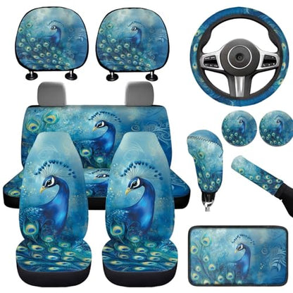 Blue Peacock Print Auto Front Rear Seat Cover Set for Women Car Accessories Full Set 12 Pcs Steering Wheel Covers Set Armrest Pad Gear Shift Cover Cup Coasters for SUV Truck Sedan - color: Blue Peacock