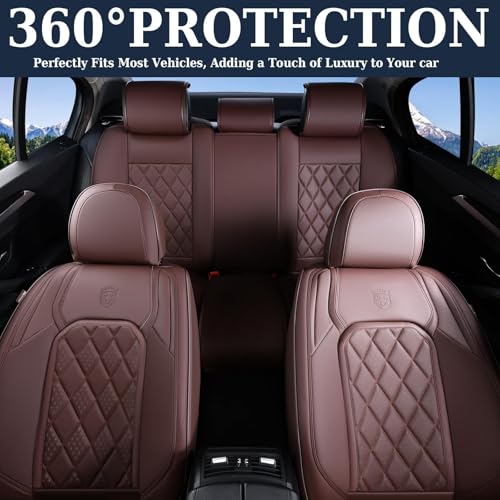 Coverado Car Seat Covers Full Set, Luxury Faux Leather Waterproof Seat Cover, Front and Back Car Seat Protector, Universal 5 Seat Leather Seat Cushion, Carseat Cover Fit Most Cars, Coffee - color: A-Coffee, size: Full Set