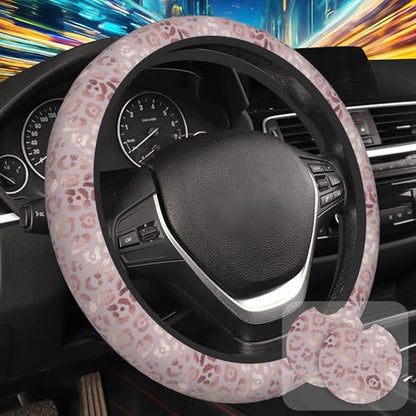 Rose Gold Leopard Print Steering Wheel Cover with 2 Pcs Car Coasters Neoprene Steering Wheel Cover for Women Men Anti-Slip Breathable Car Accessories Universal 15 Inch Fit Auto Cars Trucks - color: Rose Gold Leopard Print