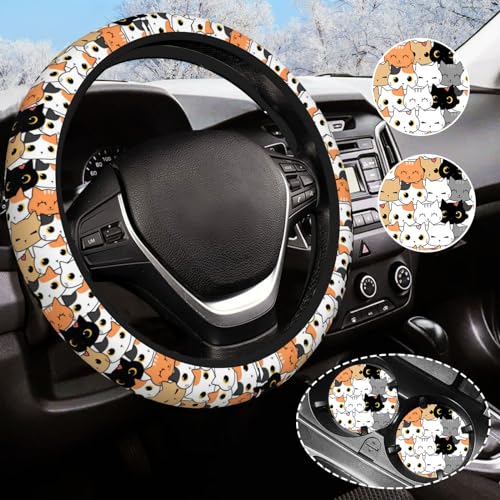 Cat Steering Wheel Cover for Women Men with 2 Pcs Car Coasters, Universal 14.5-15 Inch Cute Steering Wheel Covers Non-Slip Car Accessories for Girls - color: cat0