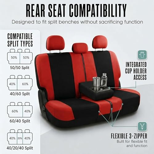 FH Group Car Seat Covers Full Set Cloth, Universal Fit combo, Automotive Covers, Low Back Front Airbag Compatible,Split Bench Rear Seat,Washable Cover for SUV,Sedan,Van Red - color: Red
