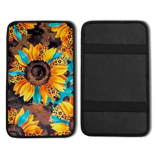 Leopard Sunflowers Vehicle Center Console Armrest Cover Pad,Leopard Sunflower Car Accessories Middle Console Cushion Pad,Arm Rest Mat Decor Sunflowers Gifts for Women for Most Vehicle SUV Truck - color: Sunflowers Leopard