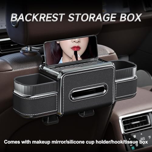Multifunctional Car Seat Back Organizer Box with Drink Cup Holder, Makeup Mirror, Tissue Box& Hooks for Car Seat Back, New Upgrade Car Headrest Backseat Organizer Suitability for Wife, Girlfriend