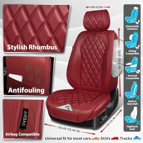CAR PASS Luxury Nappa Leather Seat Covers Full Set, 3D Rhombus Waterproof Faux Leather Seat Covers, Premium Automotive Seat Cushion Universal Fit for Sedan SUV Truck Van,Airbag Compatible Burgundy Red - color: burgundy red