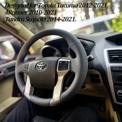 Hand Stitch Steering Wheel Cover Customized Fit for Toyota Tacoma 2012-2021, 4Runner 2010-2021, Tundra Sequoia 2014-2021 Black Leather