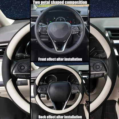 Steering Wheel Cover Universal Standard Size 14.5-15 inch, Non-Folding Packaging, Microfiber Leather, Anti-Slip, Soft Grip, Fits Most Cars SUVs Trucks, Black and Light Creamy White - color: Black and Light Creamy White, size: Round Shaped: Medium 14 1/2''