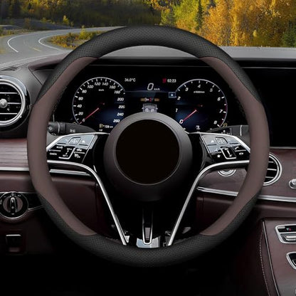 Steering Wheel Cover Standard Size Medium 14.5-15 inch, Non-Folding Packaging, Microfiber Leather, Anti-Slip, Soft Grip, Universal Fit for Cars SUVs Trucks, Black and Chocolate Brown
