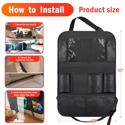 Car Backseat Organizer ，2 Pack Car Organizer Back Seat with 11" Tablet Holder, 10 Storage Pockets Seat Back Protectors Kick Mats for Kids Toddlers, Travel Accessories (Black)
