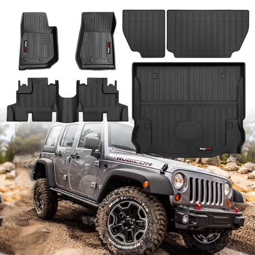 Custom for 2007-2018 Jeep Wrangler JK 4 Door Floor Mats & Cargo Liner & Backrest Mat All Weather TPE Rubber Protection Mat (for 2007-2018 JK 4 Door Accessories 6 Pcs) - color: for 2007-2018 Jeep Wrangler JK 4 Door Full Set