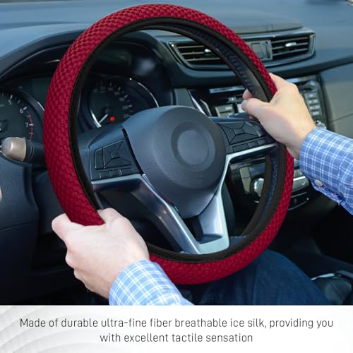 Elastic Stretch Steering Wheel Cover, Steering Wheel Protector, 15 Inch Anti-Slip Breathable Microfiber Ice Silk Protection, Easy Carry, Warm in Winter & Cool in Summer for Cars (Wine Red) - color: Wine Red