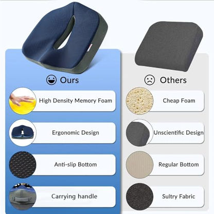 Seat Cushion for Tailbone Pain Relief, Memory Foam Coccyx Cushion for Office Chair & Car, Ergonomic Chair Pad with Non-Slip Cover & Handle, Sciatica Relief for Gaming Chair (Blue)