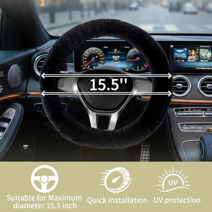 AEGIS Cover Sheepskin Steering Wheel Cover Premium Luxury AUS Genuine Merino Wool All-Season Non-Slip for Cars Fits 14.5-15.5" Wheels (Black) - color: BB