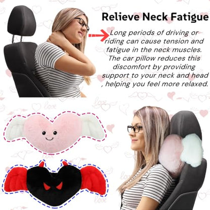 Sexysamba 2 Pcs Heart Shaped Car Headrest Pillow Devil & Angel Wings Neck Pillow Cute Car Seat Decor Neck Support Cushions for Travel Sleeping, Driving, Home, Office, Black Devil