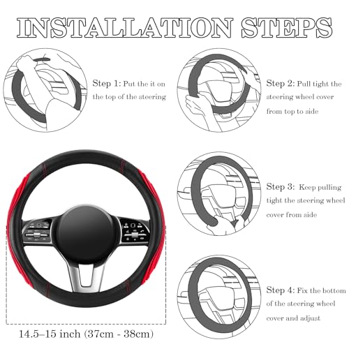 Red Film Splicing Leather Steering Wheel Cover, Microfiber Leather, Anti-Slip, Breathable, Universal Fit for 14.5–15 in Steering Wheel Cover for Men Women - color: Film-Grained - Red