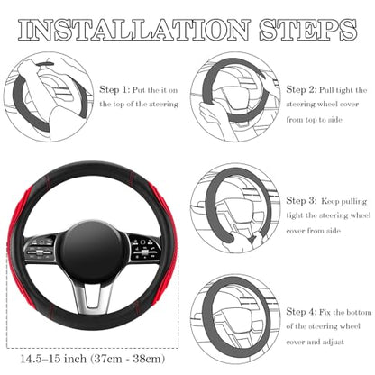 Red Film Splicing Leather Steering Wheel Cover, Microfiber Leather, Anti-Slip, Breathable, Universal Fit for 14.5–15 in Steering Wheel Cover for Men Women - color: Film-Grained - Red