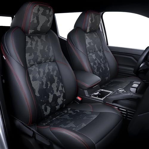 Carlimeki Leather Seat Covers Custom Fit for Tacoma Gen 4th (2024-2026) Double Cab, for SR, SR5, TRD PreRunner, TRD Sport, TRD Off-Road, Limited, Trailhunter - Armrest Covers Included - Fully Covered - color: 2024-2026 (Camouflage Black) & Full Set, size: