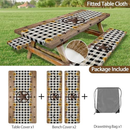 Retro Texas Star Picnic Table Cover with Bench Covers Waterproof Windproof Elastic Fitted Outdoor Camping RV Tablecloths with Drawstring Bag Reusable Rectangle Tables and Seats Cover 30X72IN - color: Black, size: 30" x 72" (Rectangular)