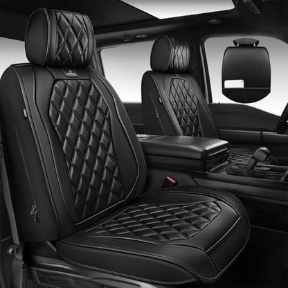 CAR PASS Luxury Nappa Leather Car Seat Covers Full Set, 3D Rhombus Waterproof Premium Leather Seat Covers, Universal Automotive Seat Cushion Fit for Sedan SUV Truck Van, Airbag Compatible Solid Black - color: Black
