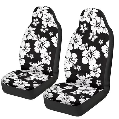 Hawaiian Florals Front Car Seat Cover for Women 2 Pcs Hibiscus Car Seat Covers Removable Automotive Accessories for Most Cars SUVs and Sedans - color: Black Hawaiian Florals