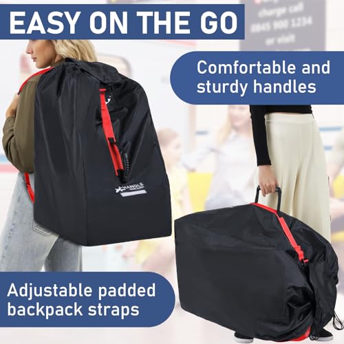Car Seat Travel Bag for Airplane backpack with padded shoulder straps, Large Waterproof Car Seat Bags Fits Most Infant Car Seats, Convertible Car Seats, Booster Seats, Car Seat Bases - color: Black with red