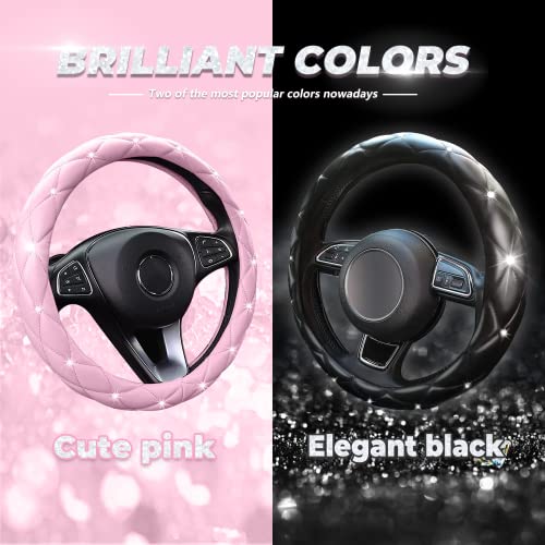 Cute Sparkly Black Car Steering Wheel Cover, Soft Breathable Anti-Slip PU Leather Steering Wheels Covers with Diamond Bling Rhinestone,Universal Protector Cars Accessories - color: Black