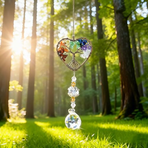 H&D HYALINE & DORA Suncatcher Window Hanging Tree of Life Heart Shaped Crystal Ball Prism Drop Pendant - color: Colorful