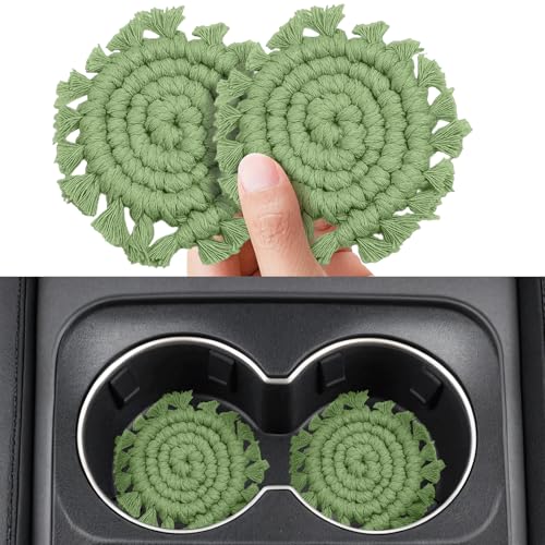 2 Pack Cotton Car Coasters for Cup Holders, Car Cup Coasters Drink Holder Cute Macrame Boho Cup Holders Car Interior Accessories for Women(Dark Green) - color: Dark Green