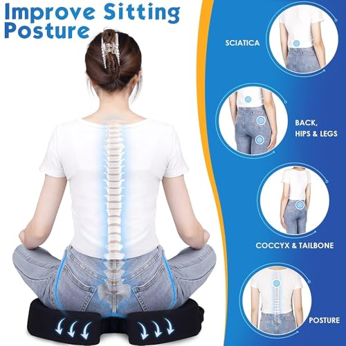 Seat Cushion for Office Chair Memory Foam Non-Slip Desk Seat Cushion Back, Coccyx, Sciatica, Tailbone Pain Relief Butt Pillow for Office Chair, Car, Wheelchair, Black