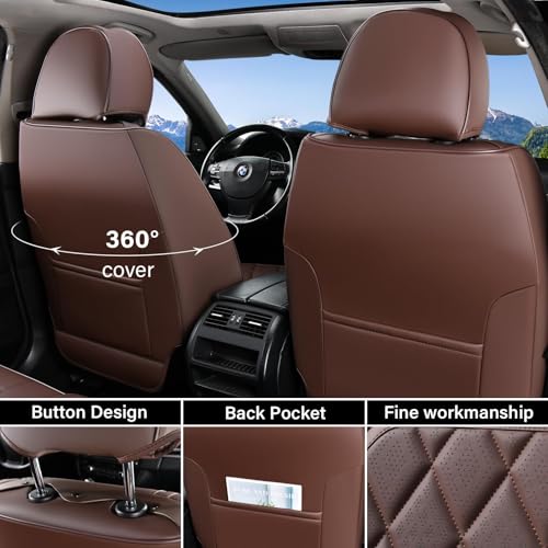 Coverado Car Seat Covers Full Set, Luxury Faux Leather Waterproof Seat Cover, Front and Back Car Seat Protector, Universal 5 Seat Leather Seat Cushion, Carseat Cover Fit Most Cars, Coffee - color: A-Coffee, size: Full Set