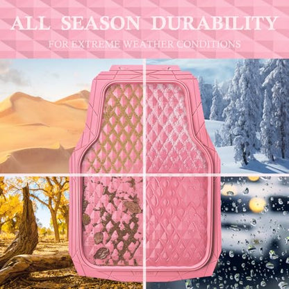 CAR PASS Heavy Duty Rubber Pink Car Floor Mats & Cargo Liners, Deep Dish All-Weather Trunk Mats Durable Anti-Slip 3D Rhombus Waterproof Trim to Fit Liner Universal Fit Auto,Sedan,SUV,Truck, Pink